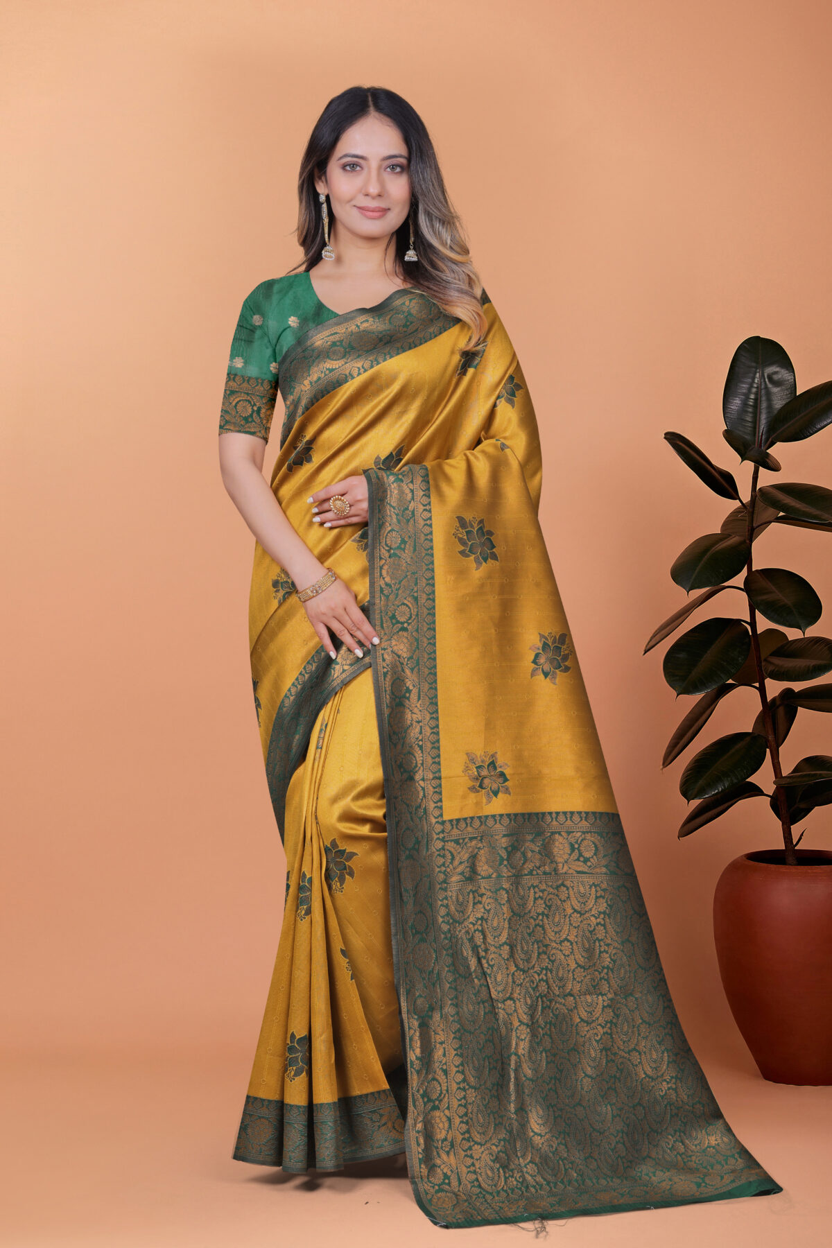 Golden Mustard & Bottle Green Banarasi Silk Saree with Floral Accents -GG-48