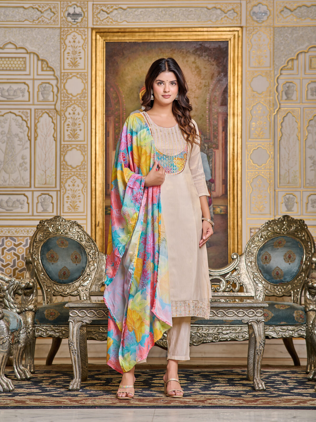 Simar Striped Embroidered Thread Work Straight Kurta With Trousers & Dupatta-DVS-D102