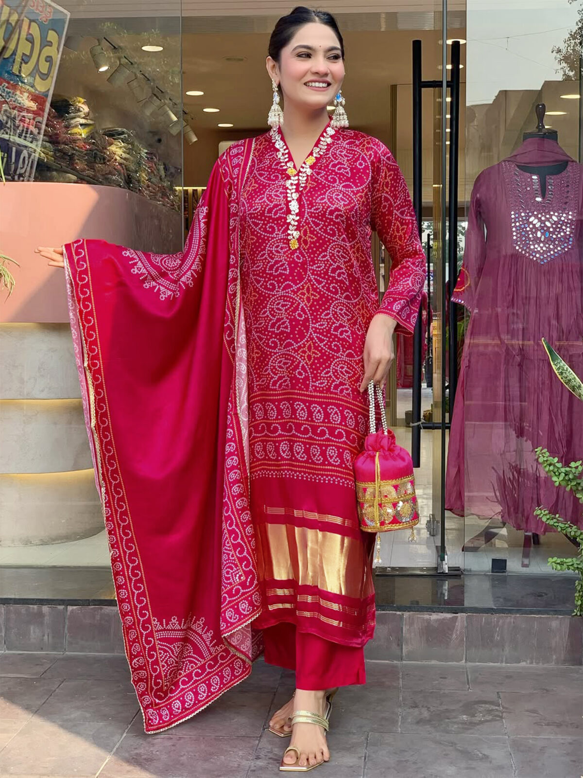 Viscose Silk Regular Hand Printed With Embroidery Kurti with Trousers & With Dupatta-DVS -  ST-NAVYA