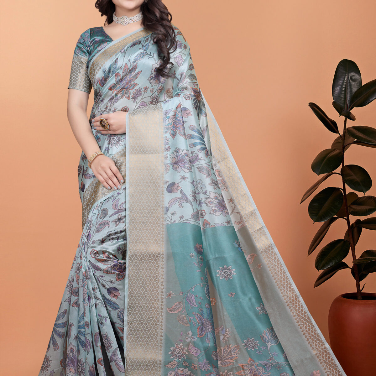 Pastel Blue & Teal Soft Silk Saree with Floral Weaving-GG-517