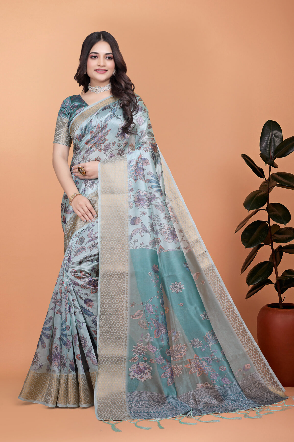 Pastel Blue & Teal Soft Silk Saree with Floral Weaving-GG-517