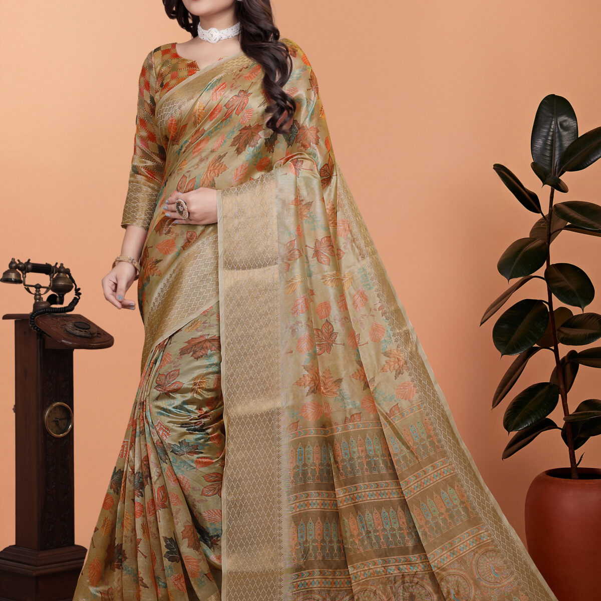 Golden Beige Soft Silk Saree with Autumn Leaf Print & Traditional Pallu-GG-518