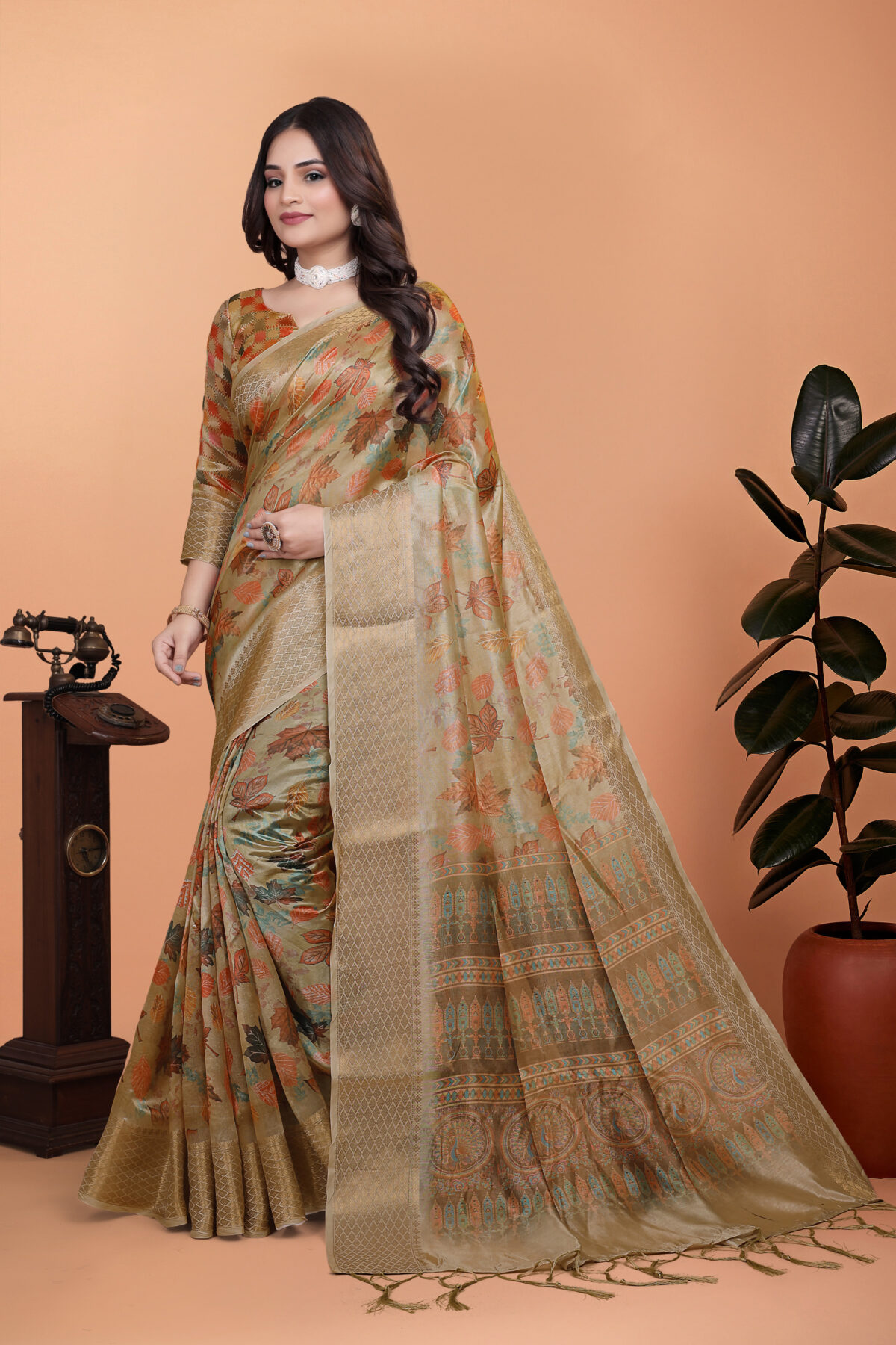 Golden Beige Soft Silk Saree with Autumn Leaf Print & Traditional Pallu-GG-518
