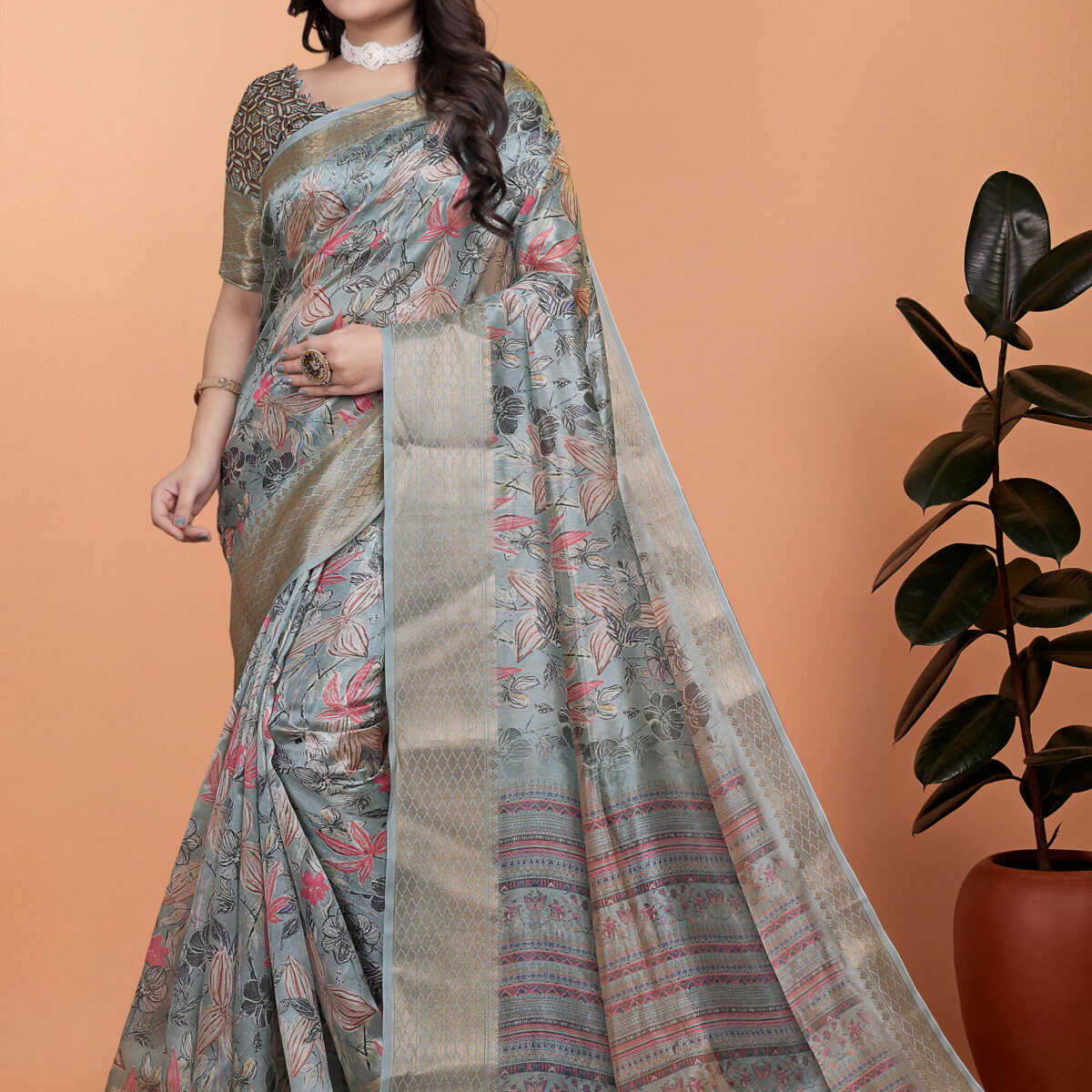 Soft Blue-Green Floral Printed Silk Saree with Zari Border-GG-516