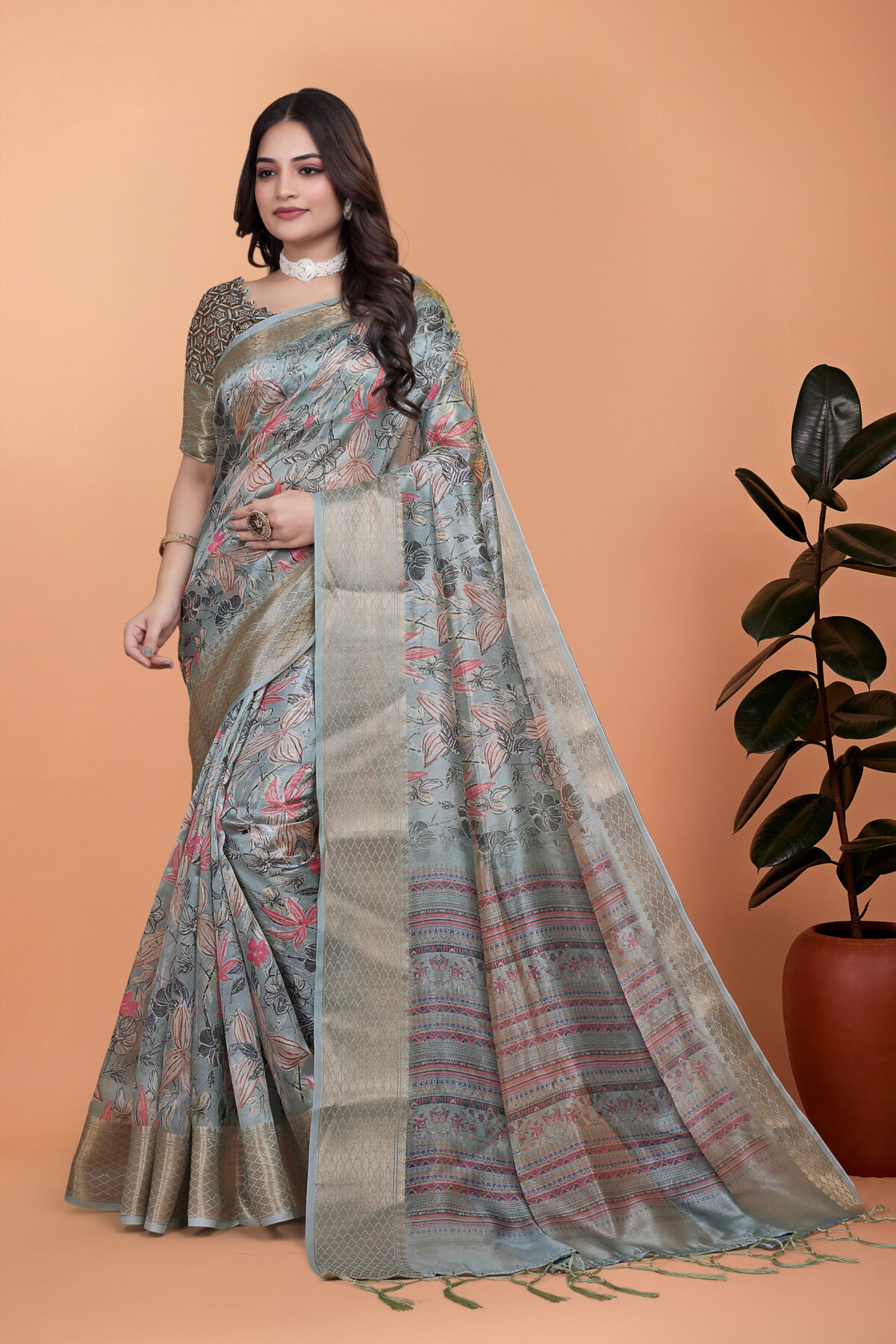 Soft Blue-Green Floral Printed Silk Saree with Zari Border-GG-516