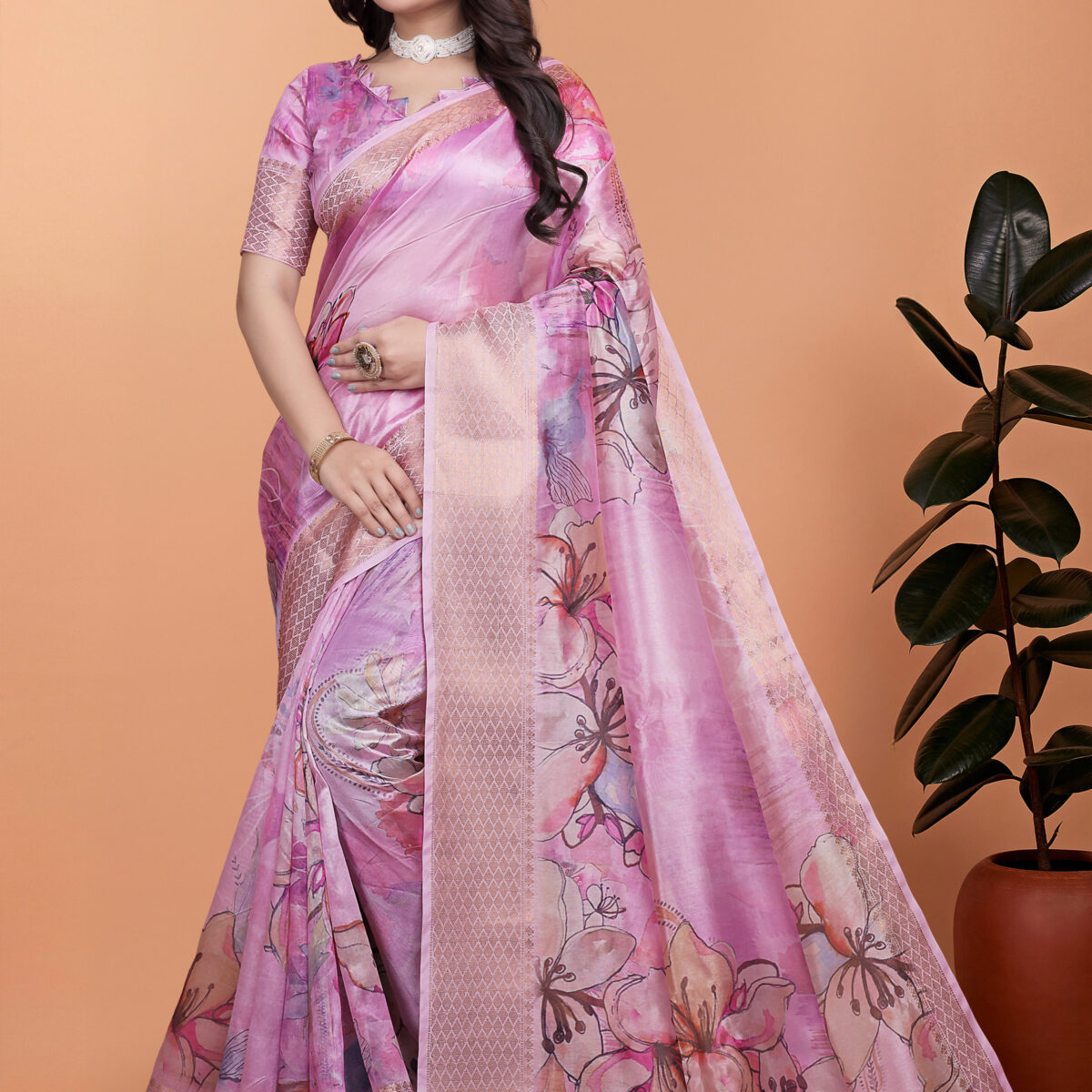 Baby Pink Soft Silk Saree with Floral Digital Print & Copper Zari Border-GG-514