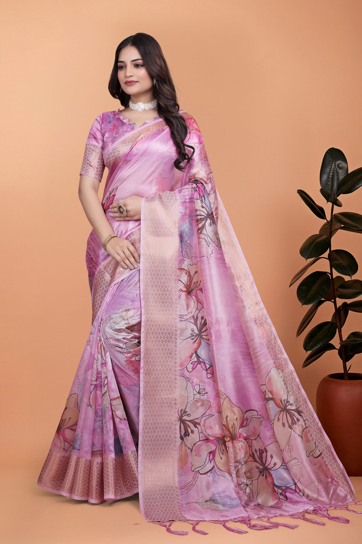 Baby Pink Soft Silk Saree with Floral Digital Print & Copper Zari Border-GG-514