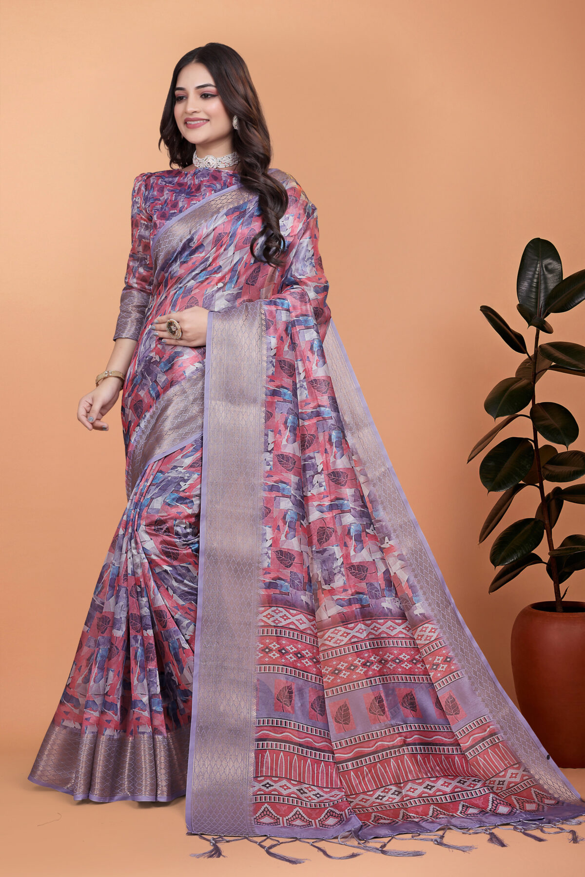 Lavender & Pink Soft Silk Saree with Copper Zari Border & Leaf Print-GG-513