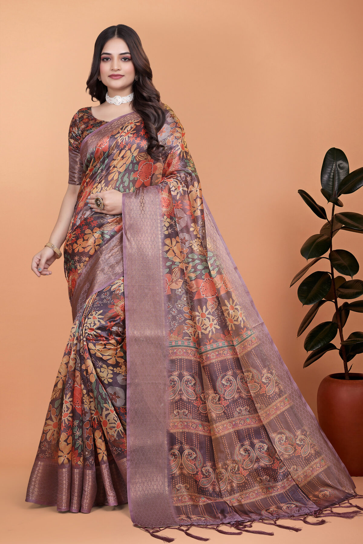Lavender Soft Silk Saree with Copper Zari Border & Floral PalluGG-512