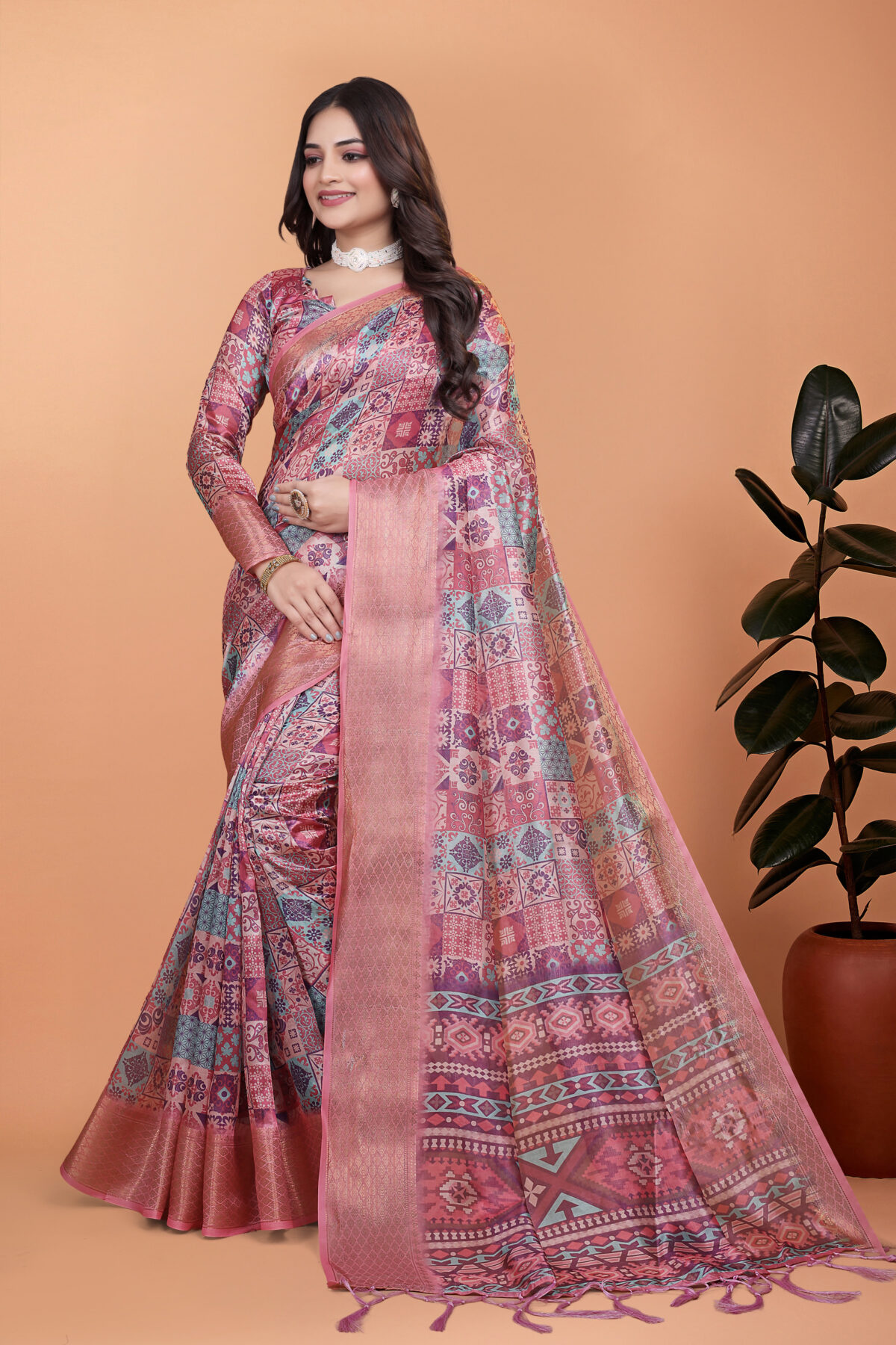 Pink Soft Silk Saree with Copper Zari Border & Multicolor Pallu-GG-511