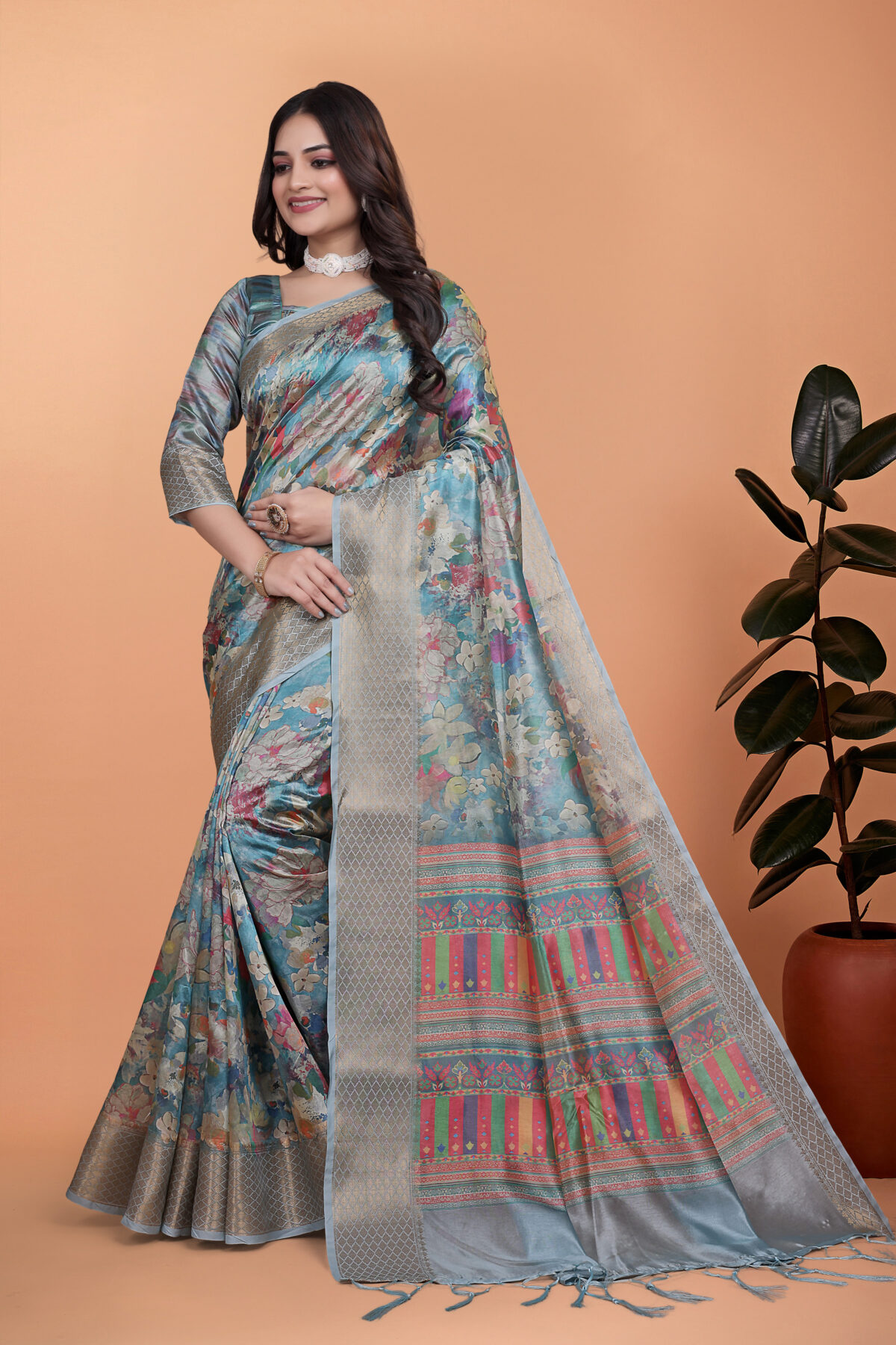 Sky Blue Floral Soft Silk Saree with Multicolor Pallu-GG-510