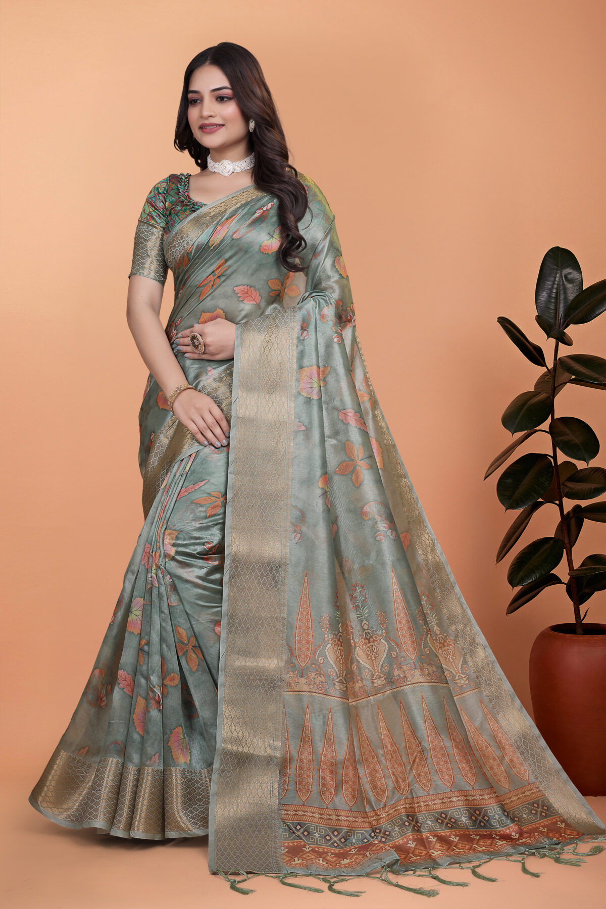 Sage Green Soft Silk Saree with Elegant Floral Prints & Rich Pallu-GG-509