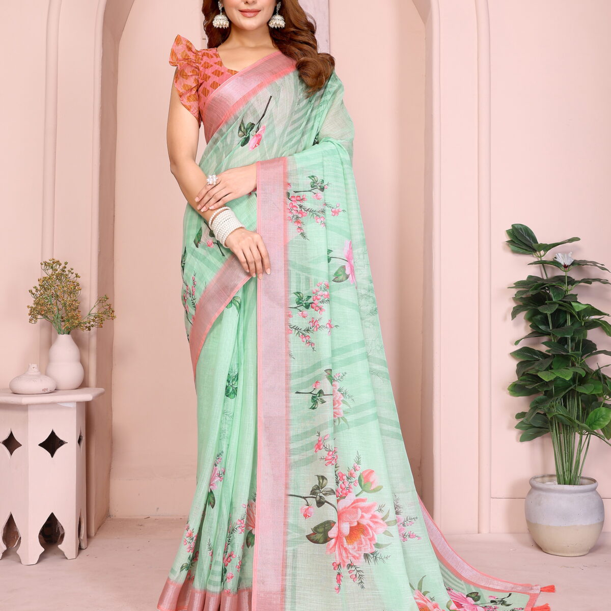 Refreshing Mint Green Linen Cotton Saree with Pink Floral Digital Prints