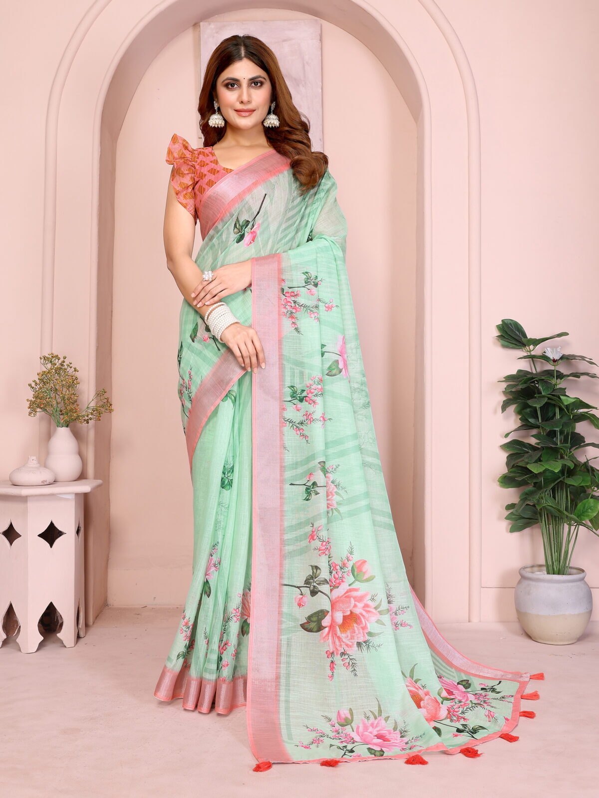 Refreshing Mint Green Linen Cotton Saree with Pink Floral Digital Prints