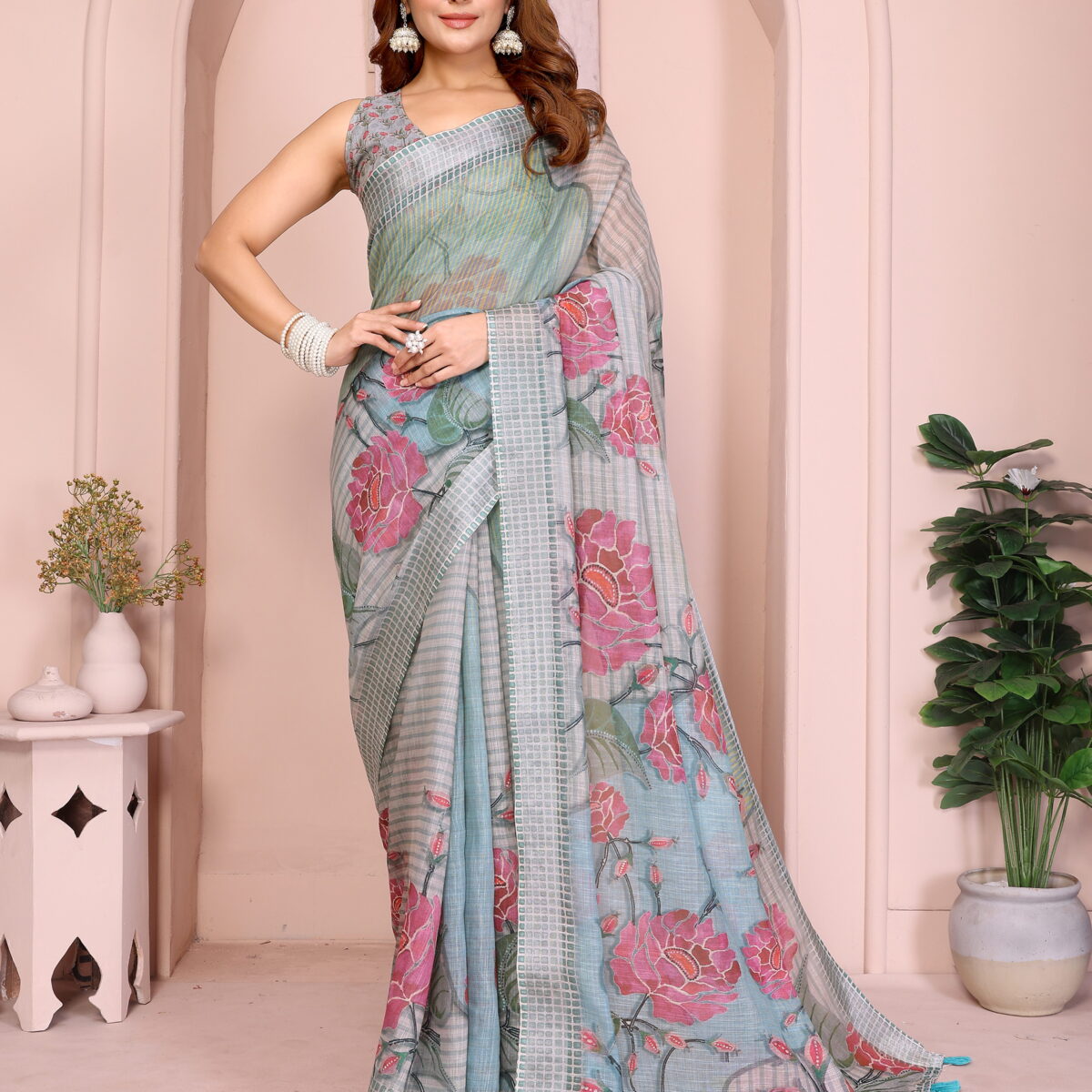 Grey-Blue Linen Cotton Saree with Bold Floral Digital Prints