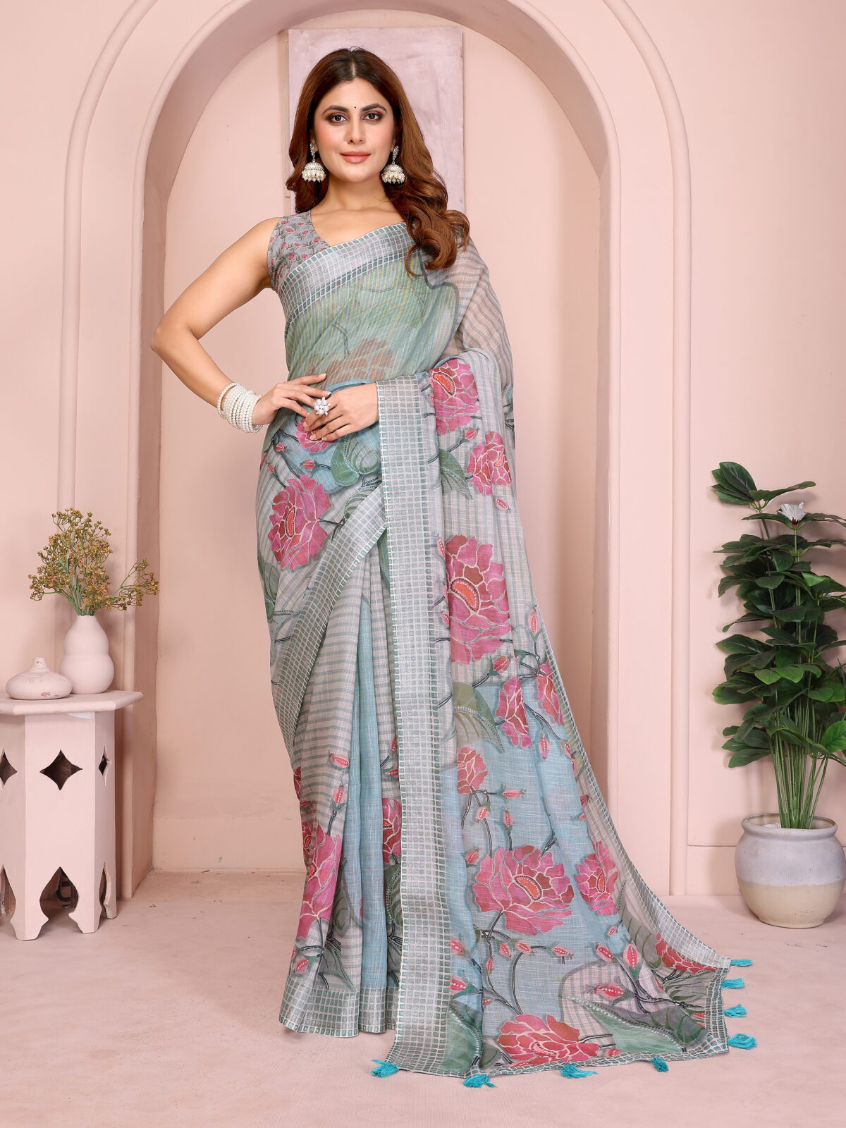 Grey-Blue Linen Cotton Saree with Bold Floral Digital Prints