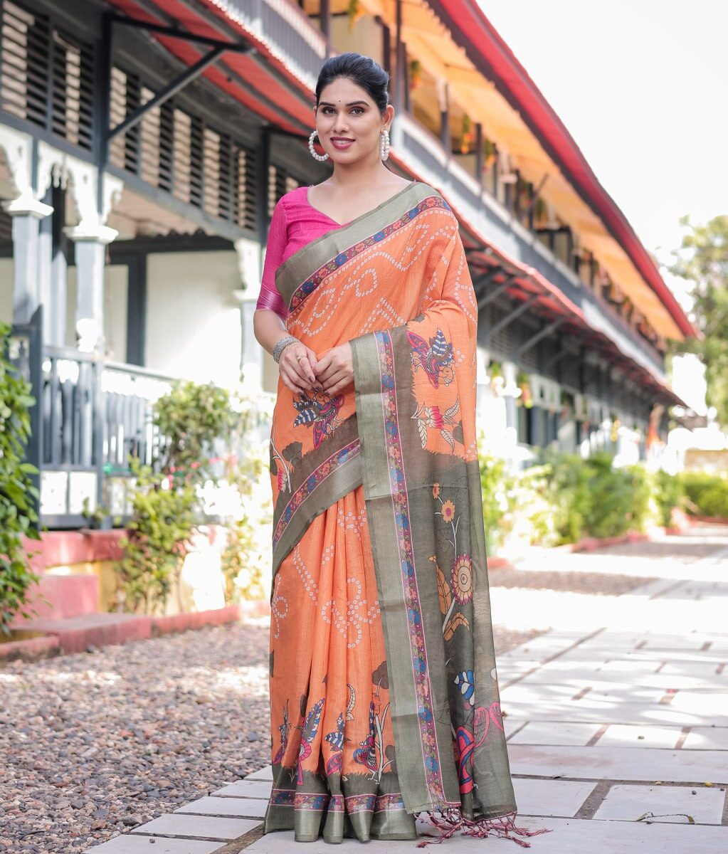 Vibrant Orange Bandhani & Kalamkari Fusion Print Linen Cotton Saree