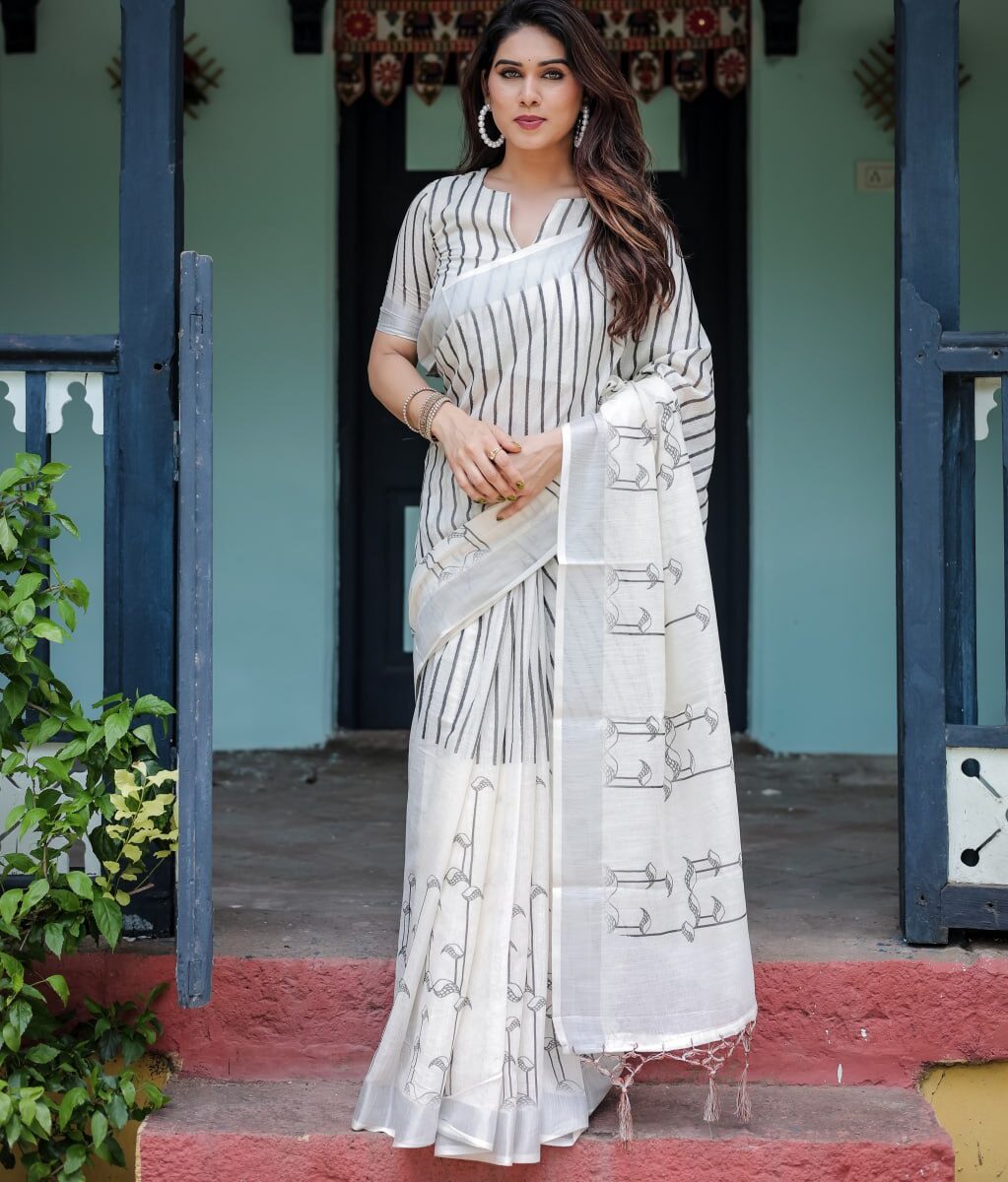 Premium Black & Multicolor Floral Linen Cotton Saree