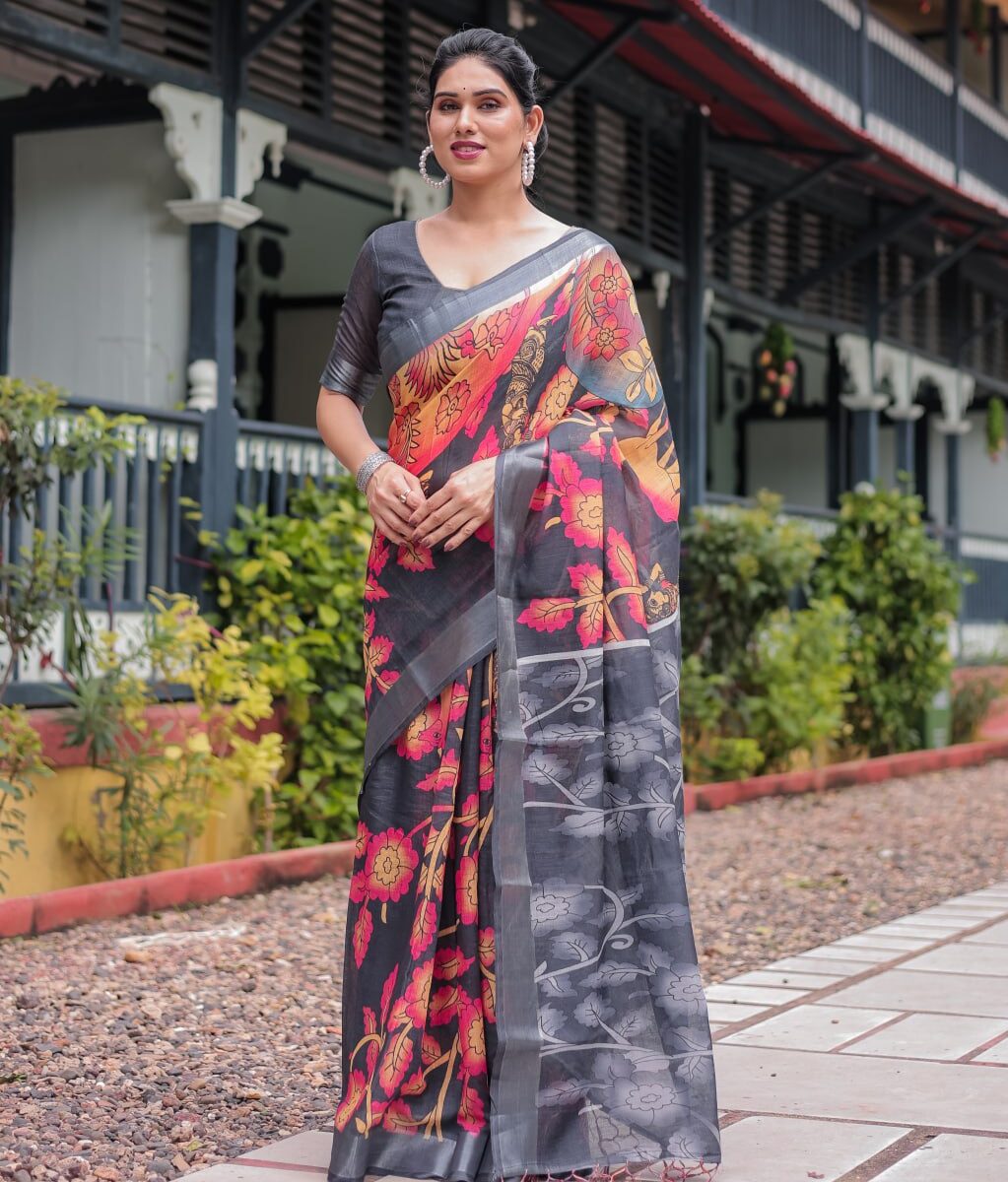 Premium Black & Multicolor Floral Linen Cotton Saree