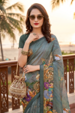Chocolate Febric Digital Print  Saree with Blouse - Image 2