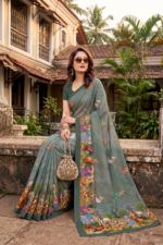 Chocolate Febric Digital Print  Saree with Blouse - Image 4